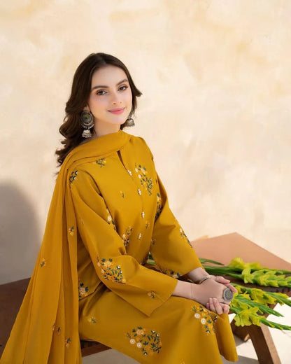 Lawn Embroidered Stitched 3Piece (Mustard)